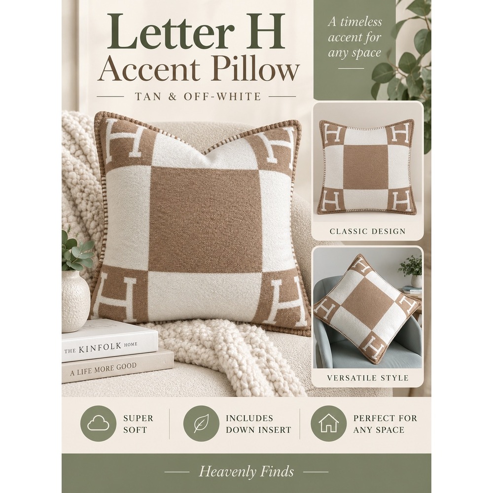 Letter H Soft & Comfortable Accent Pillow Tan White Quiet Luxury Down Insert New